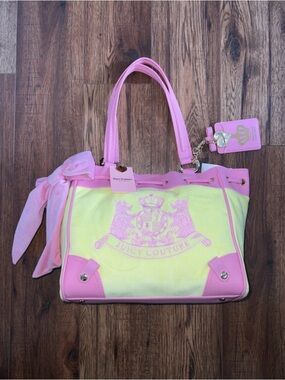 Juicy Couture Pink and Yellow Crest Logo Tote with Scarf Charm
